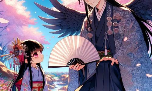 Kenji, mężczyzna w wieku około trzydziestu lat, nosi granatowy kimono ozdobione srebrnymi wzorami fal. Jego twarz wyraża determinację, oczy błyszczą nadzieją, a na ustach pojawia się lekki cień smutku. W prawej ręce trzyma elegancki biały wachlarz, gotowy stawić czoła swojemu losowi. Obok niego znajduje się Akiko, ośmioletnia dziewczynka z długimi czarnymi włosami i błyszczącymi oczami pełnymi ciekawości. Patrzy na Kenjiego z podziwem, siedząc na kamieniu, otoczona kolorowymi dzikimi kwiatami. Scena rozgrywa się na słonecznej polanie w sercu japońskiego lasu, gdzie kwitnące wiśnie tworzą piękny sufit z różowych płatków. Łagodny szum pobliskiego strumienia dodaje atmosferze spokoju. Kenji i Akiko stoją naprzeciwko siebie, gotowi zmierzyć się z tajemniczym Kurotengu, demonem o czarnych skrzydłach, który unosi się nad nimi, rzucając niepokojący cień na ziemię.