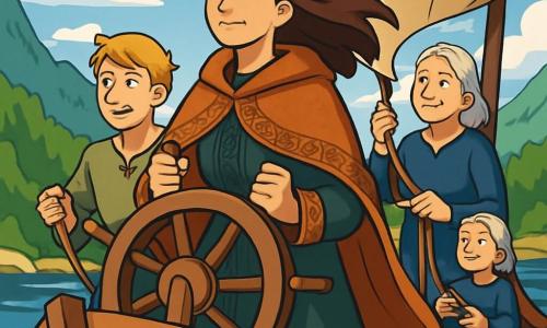 Runa, una donna di circa trent'anni, sta orgogliosamente al timone della barca "Fenice del Nord". I suoi lunghi capelli castani fluttuano nel vento e il suo viso esprime determinazione e saggezza. Indossa un cappotto di lana spessa, decorato con motivi vichinghi, e le sue mani sono salde sul legno del timone, pronte ad affrontare le onde. Accanto a lei, Soren, un giovane di 20 anni con capelli biondi e occhi curiosi, aggiusta la vela. Indossa una tunica di lino e sembra concentrato, ma un sorriso si disegna sulle sue labbra. Più lontano, Helga, una donna anziana di circa 60 anni con capelli argentati e rughe che raccontano storie, osserva il mare con benevolenza, tenendo una corda tra le mani. Il luogo è un vasto fiordo, circondato da montagne ripide e foreste verdi. L'acqua scintilla sotto il sole e nuvole bianche fluttuano in un cielo blu brillante. La barca scivola dolcemente sulle onde, creando spruzzi d'acqua cristallina. La scena principale mostra Runa e il suo equipaggio in piena traversata, determinati a navigare attraverso una tempesta imminente. Il vento soffia forte e le onde iniziano a sollevarsi, ma il loro spirito di squadra e il loro coraggio brillano attraverso la tempesta in arrivo.