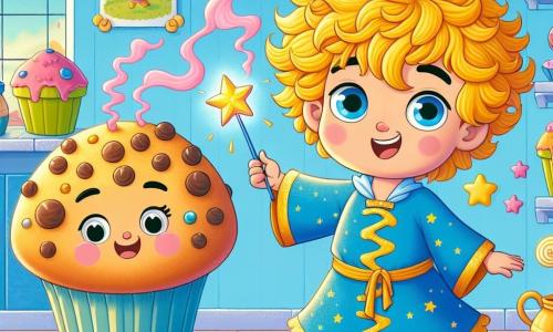 Al centro dell'immagine, un bambino di 5 anni di nome Zucchero, con capelli ricci e gialli come il sole, indossa una tunica blu decorata con stelle dorate. Ha occhi brillanti di gioia e un grande sorriso, mentre danza felicemente con una bacchetta magica in mano, circondato da nuvole di fumo rosa. Accanto a lui, un muffin gigante di nome Muffinino, con un volto sorridente e occhi rotondi, si trova su un tavolo. Muffinino ha una consistenza dorata e soffice, con gocce di cioccolato che brillano. Canta e balla, aggiungendo all'atmosfera festosa della scena. La scena si svolge in una cucina colorata, piena di barattoli di dolci, torte e frutta. I muri dipinti di azzurro chiaro sono decorati con disegni di animali e caramelle, mentre una finestra lascia entrare la luce del sole, illuminando la stanza in modo caldo. Zucchero e Muffinino si divertono a ballare e cantare insieme, creando un'atmosfera gioiosa e magica, mentre un drago di marshmallow colorato vola felicemente fuori dalla finestra, attratto dalla musica coinvolgente.