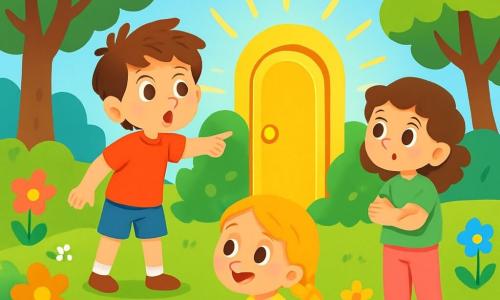 Ci sono 3 personaggi: - Leo: un ragazzo di 8 anni con capelli castani disordinati, indossa una maglietta rossa e pantaloni corti blu. È in piedi, con gli occhi spalancati per meraviglia, che punta verso la porta dorata. - Mia: una ragazza di 7 anni con capelli biondi intrecciati, indossa un vestito giallo a pois. È seduta sull'erba, sorridendo con curiosità, con le mani sulle ginocchia. - Gioia: una ragazza di 6 anni con capelli castani ricci, indossa una maglietta verde e pantaloni rosa. Si trova vicino a Leo, con le braccia incrociate, guardando la porta con fascino. La scena si svolge in un parco soleggiato, pieno di fiori colorati e alberi maestosi. Al centro, una porta dorata scintillante è circondata da cespugli verdi. Il cielo è di un blu brillante, punteggiato di nuvole bianche e soffici. I tre bambini scoprono la misteriosa porta dorata, con espressioni di sorpresa ed eccitazione sui volti, pronti a entrare in un mondo magico, circondati da fiori dai colori vivaci che sembrano danzare al vento.