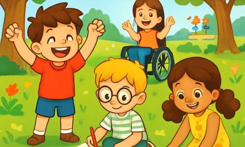 Ci sono 4 bambini: - Marco: un ragazzo di 8 anni, con i capelli castani disordinati e un grande sorriso. Indossa una maglietta rossa e un pantaloncino blu. È in piedi, con le braccia alzate in segno di vittoria, a sinistra dell'immagine. - Luca: un ragazzo di 7 anni, con occhiali tondi e capelli biondi. È seduto per terra, concentrato sul suo disegno, circondato da matite colorate. Indossa una camicia a righe e pantaloni verdi. - Sara: una ragazza di 7 anni, con capelli lunghi e ricci, raccolti in due codini. Indossa un vestito giallo a fiori ed è in ginocchio, mentre raccoglie foglie per il suo collage, a destra di Luca. - Giulia: una ragazza di 8 anni, con capelli castani e un sorriso splendente. È sulla sua sedia a rotelle, proprio dietro Marco, mentre incoraggia i suoi amici con gesti entusiasti. L'ambientazione è un parco soleggiato, pieno di grandi alberi con foglie verdi e fiori colorati che danzano nel vento. Il terreno è coperto di erba verde e morbida, e in lontananza si intravede un piccolo palco dove si terrà la competizione di disegno. I bambini giocano e ridono intorno, creando un'atmosfera gioiosa. I quattro amici stanno lavorando insieme ai loro disegni, ognuno esprimendo la propria creatività. Luca, con uno sguardo determinato, disegna un grande albero con rami colorati, mentre Sara assembla il suo collage di foglie. Marco, pieno di energia, alza le braccia per celebrare lo spirito di squadra, e Giulia, con un grande sorriso, li incoraggia tutti.