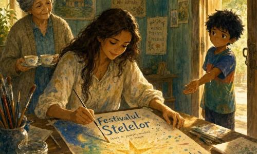 Mara, ~25 de ani, păr castaniu liber, blouse pătată de vopsea, concentrată și zâmbitoare, ține în mâna dreaptă un pensul fin și fixează cu cealaltă un poster vertical pe masă; Andrei, ~8 ani, păr negru zburlit, tricou colorat, stă la ușă și întinde timid mâna spre masă, cu o picătură de apă strălucind lângă cot; tanti Lidia, ~60 ani, păr gri în coc, cardiagan, aduce două cești de ceai și privește cu bunăvoință din colțul stâng din spatele mesei; locul este o sală mare a casei de cultură cu pereți de lemn patinat, panouri cu afişe vechi și o vitrină cu obiecte de teatru, masa de lemn uzată acoperită de hârtie, acuarele, pensule și un pahar cu apă; scenă principală: Mara transformă o mică pată de apă de pe poster într-o stea luminoasă, cu stropi delicate de acuarelă și reflexe umede pe masă, colțurile posterului prinse cu bandă; atmosferă caldă de sfârșit de după-amiază, lumină aurie prin fereastră, umbre blânde; stil: acuarelă fină, textură de hârtie vizibilă, trăsături subtile, paletă caldă dominată de galben, albastru închis și verde moale.