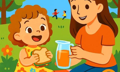 A 2-year-old girl with big bright eyes and curly hair joyfully smiles while holding a sandwich in her small hands. She wears a light, colorful dress with floral patterns. Next to her, her mother, a smiling woman around 30 with long brown hair, sits on a picnic blanket, pouring her a glass of juice. The setting is a sunny park with lush green trees, vibrant flowers, and a clear blue sky. Children play in the distance, and the grass is a vivid green. The main scene shows the little girl and her mother sharing a happy moment during their summer picnic, surrounded by laughter and joy, while the girl happily tells her mother a story.