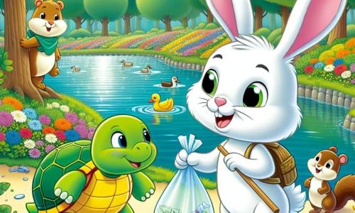 Un pequeño conejo blanco llamado Lino, con grandes orejas y ojos brillantes de determinación, está recogiendo basura al borde de un estanque. Tiene una sonrisa orgullosa en su rostro, mostrando su alegría por ayudar a la naturaleza. A su lado, Tino, una tortuga verde con un caparazón colorido, mira a Lino con admiración, sosteniendo una botella de plástico en sus patas delanteras, mientras sonríe de manera alentadora. Lila, una pequeña ardilla marrón con una cola esponjosa, sube a un árbol cercano, agitando un cartel colorido que dice "¡Protejamos nuestro estanque!" con entusiasmo. El lugar es un parque vibrante, lleno de flores multicolores, grandes árboles verdes y un estanque brillante bajo el sol, donde patos nadan alegremente. La escena muestra a Lino y sus amigos unidos en una misión de limpieza, ilustrando la importancia de cuidar el medio ambiente con alegría y camaradería.