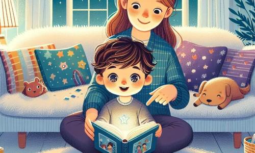 Un bambino di 2 anni, con capelli castani e occhi brillanti, è seduto su un divano morbido, tenendo un libro aperto tra le mani. Il suo viso esprime curiosità e una leggera apprensione, mentre una dolce luce di una lampada da comodino illumina il suo volto e le pagine del libro. Accanto a lui, sua madre, una donna di circa 30 anni con lunghi capelli castani, sorride calorosamente. È seduta sul bordo del divano, leggermente inclinata verso di lui, e indica un'illustrazione nel libro, creando un'atmosfera rassicurante. La scena si svolge in un salotto accogliente, con pareti dipinte di azzurro pastello, cuscini colorati sparsi sul divano e giocattoli in disordine sul pavimento. Una finestra mostra un cielo stellato, aggiungendo un tocco magico alla notte. Il bambino, ascoltando attentamente sua madre, inizia a sentirsi più coraggioso di fronte all'oscurità, pronto a esplorare le storie nascoste nel libro.