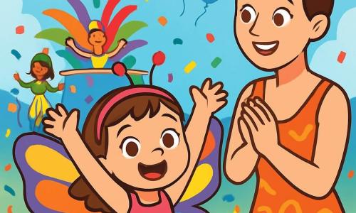 Uma menina de 4 anos, Marina, com grandes olhos brilhantes e um sorriso radiante, veste um lindo traje de borboleta com asas multicoloridas. Ela dança alegremente, levantando os braços para o céu, cercada por confetes coloridos que caem ao seu redor. Ao seu lado, sua mãe, uma mulher sorridente na casa dos trinta anos, com cabelos castanhos presos em um coque, usa um vestido festivo e observa a filha com orgulho, aplaudindo sua dança. Ao fundo, um carnaval animado acontece, com carros alegóricos decorados com penas brilhantes, pessoas em fantasias variadas dançando e cantando, e balões flutuando em um céu azul claro. A cena principal mostra Marina se divertindo no coração da festa, cercada de música e risadas, em um mundo mágico onde alegria e cor se misturam.