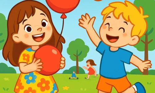 Ein 4-jähriges Mädchen mit langen braunen Haaren und strahlenden Augen trägt ein buntes Blumenkleid. Sie lächelt breit, ihre Wangen sind vor Aufregung gerötet, während sie einen roten Ballon in den Händen hält. Neben ihr lacht ein 4-jähriger Junge mit zerzausten blonden Haaren und einem blauen T-Shirt, während er einen Ballon wirft. Sie stehen auf einer weitläufigen grünen Wiese, die mit gelben und weißen Blumen übersät ist, unter einem strahlend blauen Himmel. Im Hintergrund tanzen blätterreiche Bäume sanft im Wind, und Kinder spielen fröhlich um sie herum. Die Szene zeigt Mia und Leo, die zusammen Spaß haben, den Ballon in die Luft werfen, voller Glück und Energie.