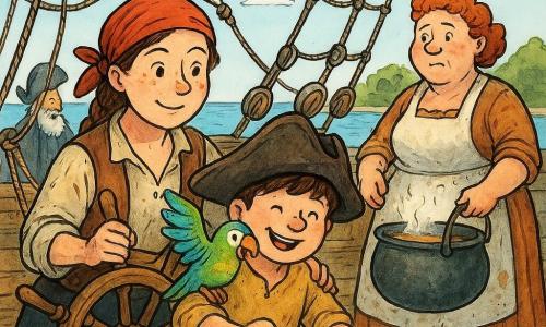 A young pirate woman with a round freckled face and brown hair braided under a red scarf, determined yet gentle eyes and a shy smile, holds the ship's wheel with one hand and rests the other on a child's shoulder to reassure him; an about-8-year-old chubby boy named Pip, wearing a large hat slipping over his eyes, laughs with a soup ladle and stands near the bow to the woman's left with a colorful green-and-blue parrot, Tiki, on his shoulder; a stout red-haired woman named Mabel in a stained apron stands on the right holding a steaming pot, proud yet concerned; an elderly bearded Captain Pompom stands on the quay in the background, hat in hand, amazed and happy; the wooden deck, white sails, thick rigging and shimmering pulleys show signs of post-storm repairs as the crew works together to lower the anchor, waves splashing, a green island and driftwood on the horizon under a clear sky, bright ink-like colors, soft strokes and bold black outlines.