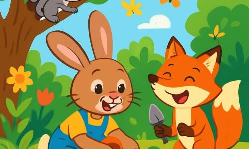 Molly, ein kleiner Hase mit großen Ohren und weichem, braunem Fell, pflanzt fröhlich Samen in einem sonnigen Gemüsegarten. Sie hat ein strahlendes Lächeln und funkelnde Augen vor Aufregung. Neben ihr lacht Felix der Fuchs mit seinem leuchtend orangefarbenen Fell und dem buschigen Schwanz, während er eine kleine Schaufel hält, seine Augen glänzen vor Schalk. Lilli, ein schelmisches Eichhörnchen mit grauem Fell und kleinen, wendigen Pfoten, klettert auf einen nahegelegenen Baum und beobachtet neugierig und verspielt ihre Freunde. Der Ort ist ein üppiger Garten, gefüllt mit bunten Blumen, leuchtend grünen Gemüse und schwirrenden Schmetterlingen unter einem klaren blauen Himmel. Sonnenstrahlen filtern durch die Blätter der Bäume und erzeugen tanzende Schatten auf dem Boden. Die Hauptsituation zeigt Molly und ihre Freunde, die begeistert zusammenarbeiten, um Gemüse anzubauen, während sie Lachen und Freude teilen und lernen, die Natur um sie herum zu respektieren.