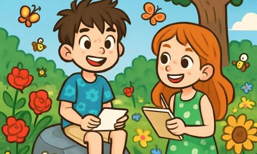 A 10-year-old boy named Oliver, with messy brown hair and sparkling curious eyes, is sitting on a large rock in a wild garden. He wears a blue t-shirt with flower patterns and beige shorts, displaying a joyful and determined smile. Next to him is Emily, a 9-year-old girl with long red hair and freckles, looking at Oliver with an enthusiastic expression. She wears a green polka dot dress and holds a notebook in her hands, ready to write. The garden is a vibrant tableau, filled with colorful flowers growing haphazardly, including red roses, yellow sunflowers, and white daisies. Butterflies flutter around and bees buzz happily, while a large shady oak tree stands in the background, its branches extending like welcoming arms. The scene shows Oliver and Emily writing a letter about the importance of preserving the wild beauty of the garden, surrounded by vibrant nature and under a blue sky dotted with fluffy white clouds.