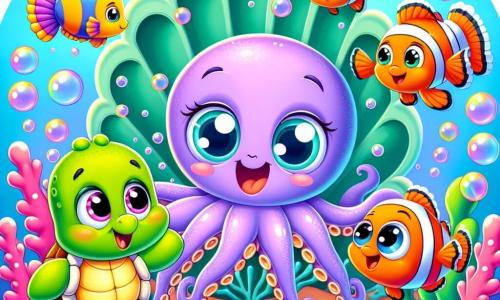 Un pequeño pulpo lila llamado Pepo, con tentáculos alegres y ojos brillantes de emoción, está en el centro de la escena, sonriendo ampliamente con burbujas de felicidad a su alrededor. A su derecha, una tortuga verde llamada Tina, con un caparazón decorado de patrones coloridos, mira a Pepo con una sonrisa tímida, sus ojos brillando de amistad. A la izquierda, un pez payaso llamado Lolo, de colores vivos naranja y blanco, se infla de alegría, listo para lanzarse a la carrera, con sus aletas vibrantes en movimiento. Al fondo, una escuela submarina en forma de concha, rodeada de corales multicolores y peces nadando alegremente, crea una atmósfera festiva y acogedora. La escena muestra a Pepo y sus amigos jugando juntos en el jardín de la escuela, riendo y animándose para una carrera de relevos entre corales, llenos de energía y camaradería.