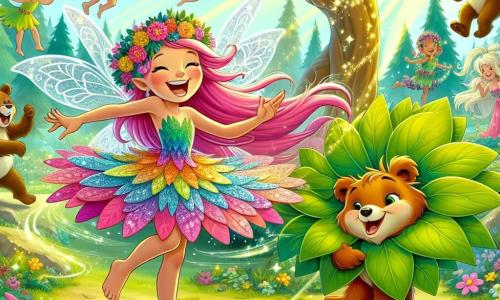 O zână veselă numită Luminita, cu aripi strălucitoare de fulgi de zăpadă și păr lung și roz, dansează în mijlocul unei poieni însorite, cu fața radiante de bucurie. Poartă o rochie din petale de flori multicolore care se învârt în jurul ei în timp ce râde cu poftă. Aproape, o frunză jucăușă, Frunza Magica, o frunză mare verde cu margini aurii, plutește în aer, zâmbind jucăuș, gata să se distreze cu Luminita. Locul este o poiană fermecată, înconjurată de copaci majestuoși cu trunchiuri groase și frunziș strălucitor, unde flori luminoase dansează în ritmul vântului și razele soarelui pătrund printre crengi, creând jocuri de umbre și lumini. Situația principală arată cum Luminita și Frunza Magica dansează împreună, înconjurate de animale amuzante precum iepuri jongleri și urși muzicieni, toate râzând și distrându-se, creând o atmosferă de sărbătoare veselă și magică.