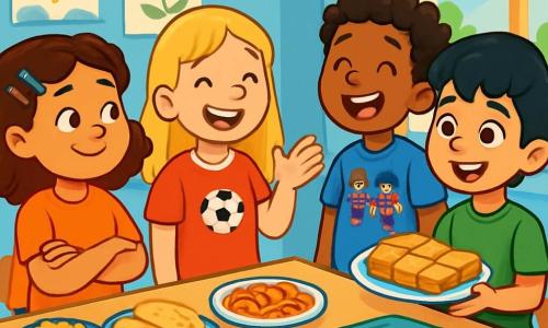 Er zijn 4 kinderen: - Sara: een 8-jarig meisje met bruin, krullend haar en kleurige speldjes. Ze glimlacht vrolijk en staat links met haar armen gekruist, kijkend naar haar vrienden. - Noa: een 8-jarig meisje met blond haar en een grote glimlach, gekleed in een voetbalshirt. Ze staat in het midden en maakt een vriendelijke gebaar met haar hand. - Amir: een 8-jarige jongen met mooi zwart haar en sprankelende ogen, in een groen shirt. Hij staat rechts en houdt een bord baklava vast, trots zijn gerecht tonend. - Jayden: een 8-jarige jongen met kroeshaar en een grote glimlach, in een shirt met superhelden. Hij staat iets verder naar achteren, lachend en luisterend naar Amir. De locatie is een heldere, kleurrijke klaslokaal met lichtblauwe muren en tekeningen van kinderen aan de muren. Er staat een grote tafel in het midden, bedekt met gerechten uit verschillende culturen, met boeken en kleurpotloden verspreid. Het zonlicht komt door de ramen naar binnen en verlicht de ruimte met een warme, uitnodigende sfeer. De situatie laat de kinderen zien die typische gerechten uit hun culturen delen, lachend en met elkaar pratend. Amir legt enthousiast uit hoe je woorden in het Arabisch uitspreekt, terwijl de anderen aandachtig luisteren, wat een moment van saamhorigheid en viering van hun verschillen creëert.