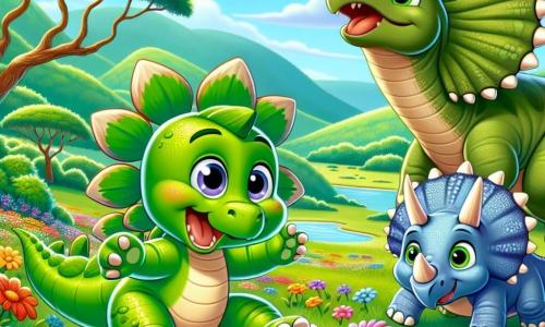 Ein Stegosaurus namens Spike, mit glänzend grüner Haut und bunten Platten auf seinem Rücken, zeigt große Freude, während er in einem Feld mit bunten Blumen springt. Seine Augen funkeln vor Aufregung, als er seine neue Umgebung entdeckt. An seiner Seite lächelt Trixie, ein Triceratops mit majestätischen Hörnern und beiger Haut, während sie ein saftiges Blatt knabbert und neben Spike steht, um diesen glücklichen Moment zu teilen. Im Hintergrund beugt sich ein großer Brachiosaurus namens Benny mit langem Hals und bläulicher Haut, um die Aussicht zu bewundern, was der Szene eine majestätische Note verleiht. Der Ort ist ein wunderschöner, grüner Talboden, übersät mit leuchtenden Blumen und großen Obstbäumen, unter einem klaren blauen Himmel mit fluffigen weißen Wolken. Die Hauptsituation zeigt Spike und seine Freunde, die ihre Ankunft in diesem neuen Lebensraum feiern, voller Freude und Abenteuer, bereit, gemeinsam dieses prähistorische Paradies zu erkunden.