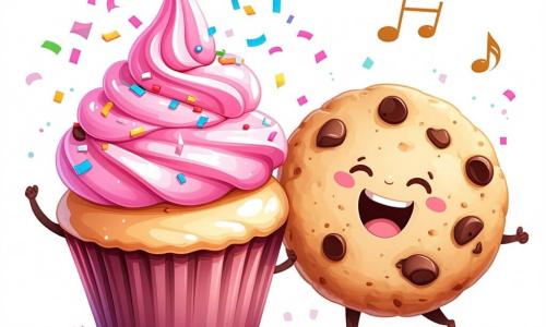 In the center of the image, Sprinkle, a cheerful little cupcake, is depicted with swirling pink frosting and colorful confetti on top. She dances enthusiastically, her eyes sparkling with joy, and her fluffy body seems to vibrate to the rhythm of the music. Next to her, Crunch, a round cookie with chocolate chips, smiles widely, crumbs scattering around him as he applauds Sprinkle with admiration. In the background, Ollie, a green-leafed onion, looks on with a knowing smile, his bright round eyes filled with excitement, while holding decorative garlands. The setting is a festive kitchen adorned with colorful garlands and twinkling lights, with a large table laden with delicious treats to celebrate the New Year. The main scene shows Sprinkle performing a dazzling dance, surrounded by her friends, all ready to celebrate the magic of the new year, with fireworks lighting up the sky outside the window.