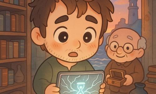 A young man, Alaric, with a gentle face, a stubble beard and tousled brown hair, looks amazed and slightly anxious as he delicately holds a shiny metal map in his curled hands; an elderly bookseller, small and hunched with round glasses and white hair, watches from the back of the shop holding a small open wooden box. The metal map appears alive, its engraved lines glowing like silver rivers with a pulsing hourglass symbol at the center. The scene is an intimate seaside bookshop at dusk — worn wooden shelves, dry seaweed, ancient pillars and a window framing ruined lighthouse stones and glittering gray waves — bathed in warm twilight mixed with the cool glow of the map.