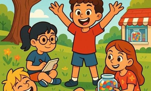 There are four main characters: 

1. **Alex**: a 10-year-old boy with curly brown hair, wearing a red t-shirt and blue shorts. He is standing with his arms raised, grinning widely, full of energy and enthusiasm.

2. **Maya**: a 10-year-old girl with round glasses and black hair tied in a ponytail. She is sitting on the grass with a sketchbook on her lap, drawing the group with a focused expression.

3. **Liam**: a 10-year-old boy with messy blonde hair and a striped t-shirt. He is lying on his back, laughing out loud, one hand on his stomach as if he just told a joke.

4. **Zoe**: a 10-year-old girl with long wavy hair, wearing a floral dress. She is crouched down, holding a huge jar of colorful candies, ready to share with her friends, a mischievous smile on her face.

The setting is a sunny park filled with majestic trees and vibrant flowers. In the center, a gnarled old oak provides shade, and the grass is a bright green, scattered with colorful petals. In the background, there is a small candy store with a display case full of treats.

The main situation shows the four friends planning a bold mission to steal a huge jar of jellybeans from the candy store, with determined and excited expressions on their faces, ready for a hilarious adventure together.