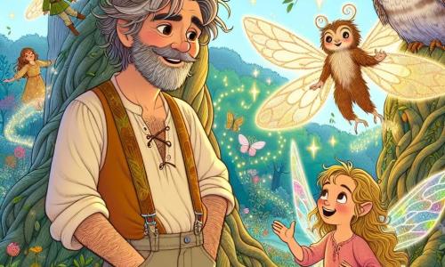A man named Mr. Dreamer, in his forties with tousled hair and a soft beard, stands in the middle of an enchanted forest. His face radiates curiosity and wonder as he observes the dancing trees and singing flowers around him. He wears a colorful shirt and canvas pants, and his warm smile reflects his kind heart. Beside him, a small fairy named Bella, about 10 years old with sparkling wings and a dress made of flower petals, joyfully flits around him. She has golden hair and sparkling eyes, showing Mr. Dreamer the wonders of Wonderwood. In the background, a wise owl perched on a thick branch watches the scene, ready to share its wisdom with Mr. Dreamer. The magical forest is filled with twisted trees and vibrant foliage, where sun rays filter through the leaves, creating dancing shadows on the soft moss-covered ground. Colorful flowers bloom everywhere, emitting melodic notes. The main scene depicts Mr. Dreamer and Bella discovering the wonders of Wonderwood together, with Mr. Dreamer amazed by the beauty around him while Bella shows him a secret path to a magical adventure.