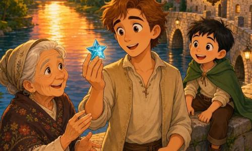 A young man named Luka, amazed and gentle, with large curious eyes and messy light-brown hair, wearing a simple beige linen jacket and brown trousers, holds a small sparkling blue glass star to show the villagers; an elderly village storyteller, about 70, with a wrinkled but kind face and an embroidered shawl, stands left of Luka smiling and reaching for the star beside a mossy stone; an energetic 8-year-old boy with short black hair and a small green cloak sits on the parapet of the old stone bridge behind them, watching; setting: an old stone bridge over a wide river glowing gold in the sunset, lanterns hanging from the arches, green woodland and distant stone village houses with tiled roofs; main scene: Luka returns at dusk showing the blue star, warm sunlight and lantern light create a magical, reassuring atmosphere with joyful, amazed expressions, soft colors and a clear, child-friendly style.