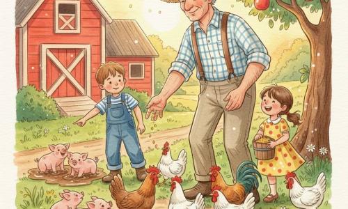 Um agricultor alto e sorridente, rosto enrugado e chapéu de palha, veste camisa xadrez e suspensórios e alimenta as galinhas jogando grãos; à direita, Ana, cerca de 7 anos, rabo de cavalo e vestido amarelo com manchas vermelhas, segura um balde pequeno de milho e ri; à esquerda, um pouco atrás, Pedro, cerca de 8 anos, cabelo curto castanho e jardineira jeans, observa e aponta para os leitões rolando na lama; cenário: fazenda ensolarada com galinheiro de madeira vermelho, macieira com maçãs brilhantes, relva com flores silvestres e caminho de terra clara; momento de partilha calmo e alegre, luz dourada do entardecer, estilo aquarela suave com traços arredondados e detalhes em caneta gel branca nos reflexos.