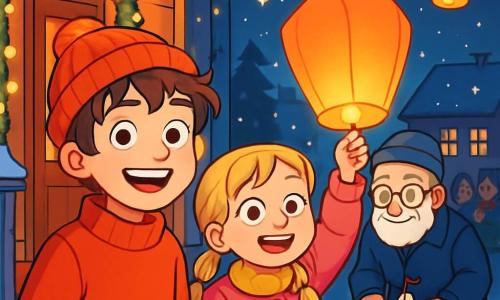 A 12-year-old boy with messy brown hair and sparkling eyes stands on the porch of his house. He wears a bright red sweater and a wool hat, smiling with excitement and wonder. Beside him is his sister Lila, an 8-year-old girl with blonde braids and a pink coat, waving a paper lantern, her eyes shining with joy. Their grandfather, an elderly man with a white beard and round glasses, stands behind them, holding a small wooden boat, ready to place it on a puddle. The porch is decorated with twinkling lights and falling snowflakes, creating a festive atmosphere. In the background, the night is illuminated by stars and lanterns, while neighbors laugh and exchange New Year wishes. The boy and his family are preparing to release their lanterns into the sky, filled with hope and dreams for the new year.