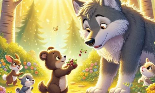 Een grote wolf met grijze, warrige vacht, scherpe ogen en een verraste uitdrukking staat in het midden van een zonnige open plek, omringd door kleurrijke bloemen. Hij kijkt nieuwsgierig naar een groepje kleine dieren en beseft dat hij niet alleen is. Aan zijn rechterkant staat een zachte, mollige beer met een bruine vacht en sprankelende vriendelijke ogen, die vrolijk glimlacht terwijl hij een hand vol bessen aanbiedt. Aan zijn linkerkant springt een klein konijn met grote oren en een witte vacht, met een speelse uitdrukking, op de plaats, klaar om de bessen met de wolf te delen. De scène speelt zich af in een groene open plek, verlicht door gouden licht, omringd door majestueuze bomen met glanzende bladeren, en bezaaid met bloemen in levendige kleuren die dansen in de bries. De wolf, aanvankelijk bang en alleen, ontdekt de vreugde van vriendschap door bessen te delen met zijn nieuwe vrienden, waardoor zijn eenzaamheid verandert in geluk.