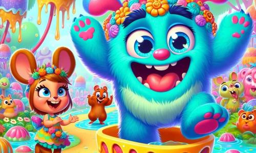 El personaje principal es Burbujón, un monstruo colorido con un cuerpo peludo que cambia de color según su estado de ánimo. Tiene grandes ojos azules brillantes de alegría y una sonrisa radiante. Actualmente, está bailando alegremente en un carro de gelatina, moviendo sus patas gigantes de manera cómica. A su lado hay un pequeño ratón, un personaje secundario importante, con pelaje marrón y ojos traviesos. Lleva un pequeño sombrero de fiesta y aplaude riendo, justo al lado de Burbujón. Otro personaje es una joven coneja, que lleva un vestido colorido y salta de alegría sosteniendo una guirnalda de flores, mirando a Burbujón con admiración. La escena se desarrolla en un bosque encantado donde los árboles son de caramelos y los ríos fluyen con limonada espumosa. Flores multicolores rodean el suelo y burbujas de jabón flotan en el aire, añadiendo un toque mágico al entorno. Burbujón realiza movimientos de baile hilarantes, provocando risas entre sus amigos animales, mientras se preparan para una gran fiesta llena de alegría y colores.