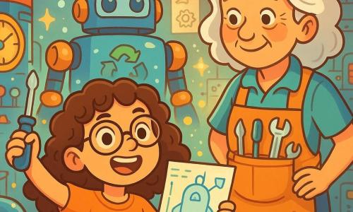 Clara, una niña de 10 años con cabello rizado y gafas redondas, está de pie en su laboratorio secreto. Tiene una gran sonrisa en el rostro, sus ojos brillan de emoción mientras sostiene un destornillador en una mano y un plano de invención en la otra. A su lado está la Inventora Estrella, una mujer mayor con cabello plateado, que lleva un delantal lleno de herramientas y observa a Clara con orgullo y aliento. El laboratorio está lleno de máquinas coloridas, piezas de metal brillantes y dibujos colgados en las paredes, creando una atmósfera mágica e inspiradora. En esta escena, Clara y la Inventora Estrella trabajan juntas en un robot gigante, listo para limpiar los océanos, mientras destellos de luz y burbujas de energía flotan a su alrededor, simbolizando su desbordante creatividad.
