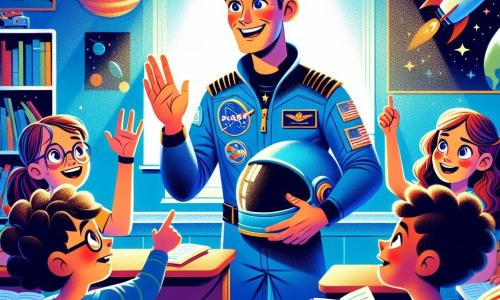 Un hombre, el Capitán Javier, está en el centro de la imagen, vestido con un uniforme espacial azul brillante y con una gran sonrisa en el rostro. Tiene el cabello corto y lleva un casco bajo el brazo, mientras gesticula con pasión al hablar con un grupo de niños. Entre ellos, Lucas, un niño de doce años con una camiseta de cohetes y gafas, levanta la mano emocionado. A su lado, Sofía, una niña de diez años con cabello largo y rizado, escucha atentamente con un cuaderno en la mano, lista para tomar notas sobre aventuras espaciales. La escena ocurre en un aula luminosa, decorada con carteles de planetas y cohetes, con ventanas que dejan entrar la luz del sol. El Capitán Javier comparte historias fascinantes sobre sus viajes espaciales, mientras los niños escuchan asombrados, soñando con ser astronautas y explorar las estrellas.