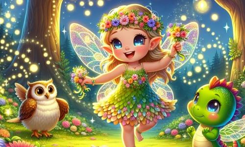 Un personaggio principale, una piccola fata dalle ali scintillanti, con capelli dorati e un vestito di petali di fiori, esprime una gioia esplosiva danzando in una radura. Il suo viso irradia felicità, i suoi occhi brillano come stelle e tiene in mano ghirlande di fiori colorati. Accanto a lei, un piccolo drago verde con squame lucenti, grandi occhi curiosi e un sorriso malizioso, batte le ali con entusiasmo, creando una leggera brezza e soffia bolle di luce attorno a loro, aggiungendo un tocco di magia alla scena. Un saggio gufo con occhiali rotondi, posato su un ramo, osserva la festa con un sorriso benevolo, pronto a raccontare storie. La scena si svolge in una foresta incantata, dove alberi maestosi si ergono verso il cielo, le cui foglie brillano di un verde intenso. Fiori multicolori coprono il terreno e lucciole danzano nell'aria crepuscolare, illuminando la radura con una dolce luce dorata. La situazione principale mostra la piccola fata che celebra il suo compleanno circondata dai suoi amici, in un'atmosfera festosa e magica, con risate e lampi di luce, mentre si preparano a ballare e divertirsi sotto il cielo stellato.