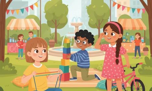 Ci sono tre bambini: Sofia, femmina di 7 anni, pelle chiara, capelli castano chiaro a caschetto, con t‑shirt gialla e leggings blu, seduta a sinistra su una coperta verde che tiene un elastico arcobaleno e si allunga sorridendo; Arianna, femmina di 7 anni, pelle oliva, capelli castani lunghi e intrecciati, con vestito rosa a pois e piccole scarpe da ginnastica bianche, in piedi a destra di Sofia che sistema una fascia per capelli e appoggia una piccola bici rosa; un ragazzo con occhiali, 7 anni, capelli neri ricci, con maglione a righe e pantaloni kaki, al centro dietro, accovacciato mentre impila scatole colorate per una torre instabile. Luogo: parco urbano soleggiato con fontana di pietra, stand colorati, ghirlande di tessuto, alberi frondosi che creano ombre, prato verde, cuscini e coperte attorno a un tappeto da picnic. Situazione: piccola festa di quartiere sul prato, atmosfera calda e vivace, colori sgargianti, sorrisi e interazioni benevole.