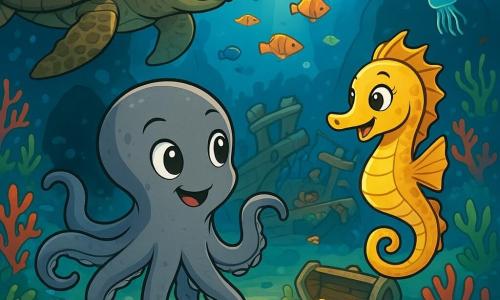 Een jonge octopus genaamd Inkt, met een grijze huid en heldere ogen, zwemt enthousiast in een levendige onderwaterwereld. Zijn flexibele armen bewegen zich behendig en hij toont een uitdrukking van nieuwsgierigheid en vastberadenheid. Naast hem zweeft een delicate zeepaardje genaamd Lila, met gouden schubben en een spiraalvormige staart, vrolijk in het water, haar ogen fonkelen van opwinding. Op de achtergrond observeert een grote zeeschildpad, Opa Mora, met een ruwe schild en wijze ogen, de scène met een welwillende blik, dichtbij een mysterieuze grot. De locatie is een onderwater tuin, gevuld met kleurrijke koralen, veelkleurige vissen en lichtgevende kwallen die zachtjes in het heldere water dansen. Zonnelicht filtert door het oppervlak en creëert glinsterende patronen op het zand. De hoofdactie toont Inkt en Lila die samen de grot verkennen, waar ze een oud scheepswrak bedekt met koralen ontdekken, omringd door glinsterende schatten en nieuwsgierige zeedieren.