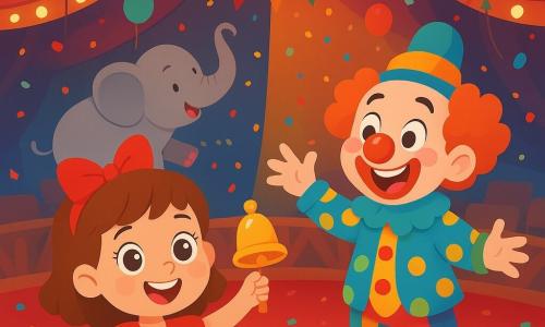 Una niña de 4 años, con grandes ojos brillantes y una sonrisa radiante, lleva un bonito lazo rojo en su cabello castaño. Ella está en el centro de la pista del circo, levantando una pequeña campanita dorada, llena de emoción. A su lado, un payaso alegre, de unos 30 años, con una nariz roja y un traje multicolor, hace muecas para hacer reír al público. Un adorable elefante, con zapatos rosas, está en el fondo, moviendo su trompa con diversión. El lugar es una gran carpa de circo, llena de luces brillantes y colores vivos, con asientos de madera y guirnaldas de banderines. La escena está animada por globos flotantes y confeti de colores que cae suavemente del cielo. La niña, llena de alegría, está lista para comenzar su número, rodeada de risas y aplausos, mientras el payaso y el elefante la animan entusiastamente.