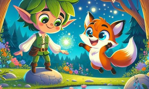 Un elfo gioioso, di nome Eriel, con orecchie a punta e capelli verdi come le foglie, sorride ampiamente mentre fluttua sopra una pietra luminosa. I suoi occhi brillano di magia e amicizia. Accanto a lui, una piccola volpe dagli occhi blu, Lilla, con una pelliccia arancione splendente, salta di gioia, la sua espressione piena di meraviglia e felicità. Lo scenario è un magnifico laghetto circondato da fiori colorati e ninfee cantanti, dove le lucciole danzano nell'aria notturna. Gli alberi maestosi, con tronchi spessi e rami estesi, creano un'atmosfera incantata. In questa scena, Eriel usa la sua magia per aiutare Lilla a ritrovare la sua forma di volpe, circondati dalla dolcezza delle luci scintillanti del bosco.