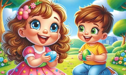 Una niña de 4 años, con grandes ojos brillantes y cabello rizado, lleva un vestido rosa con flores y una sonrisa radiante. Está sentada en la hierba verde, sosteniendo una piedra azul en sus pequeñas manos, con una expresión de alegría y asombro en su rostro. A su lado, un niño de 4 años, con cabello castaño y una camiseta amarilla, sonríe sosteniendo una piedra amarilla. Ambos están rodeados de flores coloridas y mariposas que vuelan a su alrededor. El parque está soleado, con árboles majestuosos y un cielo azul claro salpicado de nubes blancas y esponjosas. La escena principal muestra a los dos niños riendo juntos, compartiendo sus descubrimientos de piedras, simbolizando su hermosa amistad.