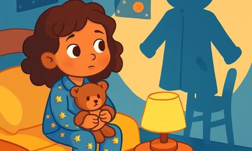 A little girl with curly brown hair, wearing a blue pajama with stars, is sitting on her bed. She has a curious look and a shy smile, holding a teddy bear against her chest. Next to her, a round bedside lamp with a soft yellow shade emits a warm light, illuminating her face. In the shadows, a large yellow raincoat hangs on a chair, casting a playful shadow on the wall. The room is a child's bedroom, with pastel blue walls, planet posters, and a fluffy star-shaped rug. The little girl watches the dance of shadows on the wall, intrigued but a bit nervous. She is preparing to discover the secret of the mysterious shapes around her, while the lamp's light creates a cocoon of safety around her.