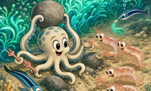 Un pequeño pulpo llamado Lumo, expresivo y sonriente, de textura levemente moteada crema y azul y grandes ojos brillantes, levanta suavemente una piedra con dos tentáculos mientras sostiene pequeñas herramientas de coral con otros; a su derecha, un grupo de gambas transparentes y rosadas retira granos de arena y le pasa pequeñas conchas; dos peces limpiadores delgados y azules, uno al frente a la izquierda y otro algo atrás a la derecha, peinan algas con la boca; al fondo, un banco de alevines plateados forma una nube tímida que se dirige al campo de algas. El lugar: llanura submarina de arena beige, piedras redondeadas grises y coral pálido, sobre todo un vasto campo de algas fosforescentes verde esmeralda y turquesa que emite luz difusa. Situación: Lumo organiza el desplazamiento de piedras para liberar algas luminosas, escena de cooperación tranquila con luz verde que ilumina los rostros marinos y burbujas ascendentes. Paleta y estilo: verdes esmeralda, turquesa, beiges cálidos y toques coral y rosa pálido; iluminación suave, viñeta cálida, trazos limpios estilo dibujo animado retro, texturas lisas y contornos negros finos.