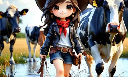 Giovane cowgirl (femmina) dal viso rotondo e occhi grandi e luminosi, espressione determinata ma dolce, capelli castani sotto un ampio cappello, giacca corta di pelle e foulard rosso, tiene la corda di una grande mucca pezzata e cammina nell'acqua fino al ginocchio; la cavalla Luna (femmina) dal mantello grigio chiaro e criniera bagnata è di lato a proteggere, zoccoli che alzano schizzi; grande mucca adulta (femmina) robusta e maculata, occhi spaventati ma fiduciosi, attraversa il guado vicino alla cowgirl; giovane manza (femmina) più piccola, pezzata chiara e timida, segue sulla sponda; il guado mostra acqua mossa e torbida su sassi scivolosi, riflessi arancioni del tramonto, sponde erbose lucide di pioggia, piccole onde e spruzzi; atmosfera al crepuscolo con cielo arancio-viola, nuvole residue e gocce in volo, senso di movimento e urgenza ma tono rassicurante; composizione semi-figurativa in primo piano, centrata sulla cowgirl che guida gli animali, Luna come barriera protettiva, dettagli umidi (stivali fangosi, criniere bagnate) e palette calda pastello in stile chibi kawaii.