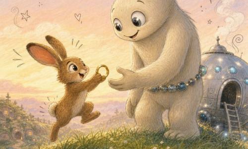 Main character: Pip the hare, a small brown hare with long soft ears and big round eyes, joyful curious expression, holding a shiny brass ring between his front paws in a bouncy pose with textured fur; Secondary character: a small tree-sized alien with pale cream fur, shimmering tin-colored eyes, a glass-bead belt and a grateful smiling face reaching for the ring; Secondary element: a small rounded silver spaceship behind the alien with smooth reflective surface, blue portholes and a folded ladder; Location: top of a gentle grassy hill with visible blades, small white flowers and a distant burrow village under a peach-and-lavender dawn sky; Situation: a tender reunion as Pip offers the found ring to the alien, warm morning light, centered composition highlighting their connection, childlike colorful style with crayon textures and light doodle overlays (stars, motion lines, tiny hearts).