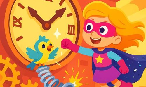 A smiling superheroine, Starbeam, floats in the air with a shimmering cape that sparkles like stars. She has golden hair blowing in the wind and bouncy boots. Her face shows determination and joy as she looks at the city’s grand clock. Inside the clock, Tilly, a small bird with colorful feathers, is jumping for joy. She has sparkling eyes and a smiling beak, standing on a large clock wheel, admiring Starbeam. The setting is the majestic Sparkletown clock, with red brick walls and golden gears shining in the light. Sun rays filter through the windows, illuminating the scene. The main action shows Starbeam helping Tilly to fix a spring in the clock, with bursts of light and bright colors creating a joyful and dynamic atmosphere.