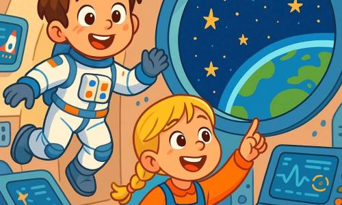A young man, Alex, with messy brown hair and sparkling eyes of excitement, floats weightlessly inside a spacecraft. He wears a white spacesuit adorned with colorful details, and his face radiates joy and curiosity. Next to him is a girl named Lily, around 10 years old, with braided blonde hair and a bright smile, watching in wonder through a window, pointing at the twinkling stars. The spacecraft is filled with futuristic instruments, with bright screens displaying data about space. Outside, a breathtaking view of space unfolds, with shining stars and a blue and green Earth in the background. The main scene shows Alex and Lily, captivated by the beauty of the universe, sharing a moment of discovery and wonder together.