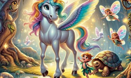 Wspaniała jednorożka o imieniu Lila, z tęczową grzywą i błyszczącym rogiem, stoi nad brzegiem magicznego stawu, jej spojrzenie pełne ciekawości i radości. Otacza ją delikatne, złote światło, które podkreśla jej lśniące futro. Obok niej mały magiczny stworek o imieniu Fifi, chłopiec z kolorowymi skrzydłami jak liście jesieni, radośnie lata wokół niej, jego twarz promienieje entuzjazmem. W tle mądra stara żółwica, z muszlą ozdobioną tajemniczymi wzorami, obserwuje scenę z głazu, z życzliwym uśmiechem na twarzy. Miejsce to czarujące bagno, z unoszącymi się liliami wodnymi, drzewami o skręconych pniach i świecącymi kwiatami tańczącymi w lekkim wietrze, tworząc atmosferę magii i tajemnicy. Główna sytuacja pokazuje Lilę i Fifiego odkrywających małego rannego ptaka, podczas gdy przygotowują się, by mu pomóc, ilustrując temat przyjaźni i współczucia.