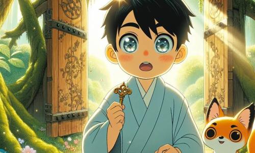 A man named Kenji, in his thirties with black hair and sparkling eyes full of curiosity, stands in front of an ancient wooden door adorned with delicate floral patterns. He wears a slightly wrinkled light blue kimono, and his face expresses deep excitement mixed with wonder. He holds a small golden key that shines in the sunlight. Next to him, a bright orange fox named Kitsu, with mischievous eyes and a bushy tail, watches him with a kind smile. Kitsu is a wise and friendly character, ready to guide Kenji on his adventure. The setting is an enchanted forest, where majestic trees with thick trunks are covered in green moss, and rays of light filter through the foliage, creating a magical atmosphere. Colorful flowers and butterflies dance around them, adding life to this fairy-tale landscape. The main scene shows Kenji, intrigued, opening the mysterious door that leads to a magical world, while Kitsu encourages him with a knowing look, ready to accompany him on this extraordinary adventure.