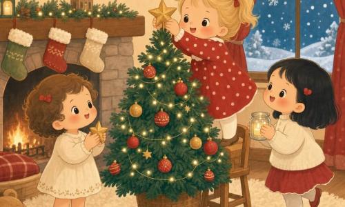Three toddlers decorate the top of a Christmas tree in a cozy living room: on the left a 2-year-old girl with short curly brown hair and rosy cheeks holds a small golden star with both hands; in the center a 2-year-old girl with blonde pigtails and a red polka-dot dress sits on a small chair and places the star atop the tree; on the right a 2-year-old girl with straight black hair holds a glass candle jar, smiling and lightly tiptoeing. The room has a cream plush rug, a dark green tree decorated with red and gold baubles and warm lights, a stone fireplace with a gentle flame and stockings, and a window with red curtains showing falling snow; the scene is soft, collaborative, warmly lit with a cozy color palette.