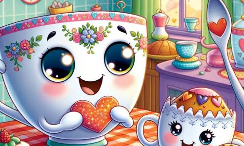 Benny, a small white porcelain cup with delicate floral patterns, is at the center of the image, his round eyes reflecting excitement and curiosity. He holds a sparkling paper heart, a joyful smile illuminating his face. Next to him, Sally, a silver spoon with a finely engraved handle, has a playful expression, her eyes sparkling with mischief as she hands a small Valentine's card decorated with hearts. A little further away, Perry, a round and colorful plate, smiles widely, its edges slightly wavy, holding a heart-shaped muffin ready to share. The scene takes place in a cozy kitchen filled with paper heart garlands hanging on the walls and sweet treats on the table, creating a festive and joyful atmosphere. Benny and his friends gather around the table to celebrate Valentine's Day, exchanging cards and treats, their faces glowing with happiness and friendship.