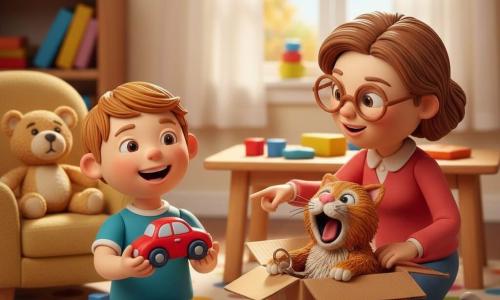 A 2-year-old boy with a radiant smile and curious eyes, short light brown hair, sits on the floor holding a small shiny red toy car; a woman in her 30s—his mother—with a gentle face and round glasses crouches beside him, kindly pointing at an open box where a yawning tabby cat with a pink nose is dozing and a car key sticks out; a slightly flattened beige teddy sits on a nearby armchair; the bright living room has a polka-dot rug, a small wooden table, scattered toys and a sunny window; joyful discovery as the boy finds his car hidden in the box, warm expressions, vivid colors and visible smoothed modeling-clay textures with fingerprints.