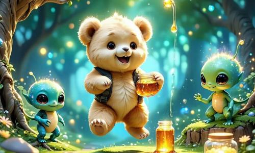 Benny, a small teddy bear with brown fur and sparkling curious eyes, is joyfully bouncing on the planet Zogonia, a colorful world with bouncy ground and trees with bright leaves. Next to him, Zog, an alien with round eyes and shimmering skin, smiles in wonder while holding a jar of honey. In the background, friendly aliens in vibrant colors dance and play with musical bubbles floating around, creating a joyful and festive atmosphere. The sky is filled with twinkling stars and candy-shaped clouds, while rivers of light wind through the enchanting landscape. The scene captures the magical moment when Benny and his new friends discover the wonders of intergalactic friendship together.