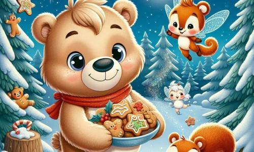 In a snowy forest, a teddy bear named Benny, with soft light brown fur, stands at the center of the scene, his eyes sparkling with excitement and a big smile on his face. He is surrounded by colorful decorations, berry garlands, and shimmering snowflakes, while holding a plate of gingerbread cookies. Beside him, a little squirrel named Sammy, with red fur and a bushy tail, jumps with joy, his eyes twinkling with happiness as he holds a small sprig of holly. A little further away, a snow fairy named Flurry, with sparkling wings and a dress made of snowflakes, flies above them, beaming as she sprinkles magical glitter in the air. The setting is an enchanted clearing, surrounded by tall snow-laden fir trees under a starry sky where the moon shines, creating a warm and festive atmosphere. The main scene shows Benny and his friends preparing for a grand Christmas party, filled with joy and enthusiasm, as snowflakes gently fall around them, adding to the magic of the moment.