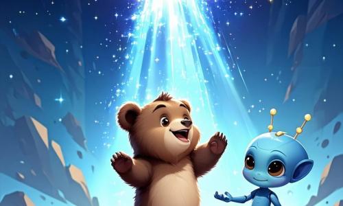 Un giovane orso di nome Bruno, con pelliccia marrone e occhi pieni di curiosità, si trova al centro dell'immagine, guardando con meraviglia un'astronave scintillante che fluttua sopra di lui. Esprime una gioia intensa, con le braccia alzate in segno di eccitazione. Accanto a lui, un piccolo alieno blu di nome Zog, con antenne e un sorriso amichevole, alza una mano per salutare Bruno, mostrando un'espressione di felicità e entusiasmo. Sullo sfondo, la foresta incantata è piena di alberi maestosi con foglie brillanti e fiori colorati che scintillano sotto la luce di un cielo stellato. La scena principale mostra Bruno e Zog pronti a imbarcarsi nell'astronave, simboleggiando l'inizio di una grande avventura intergalattica.