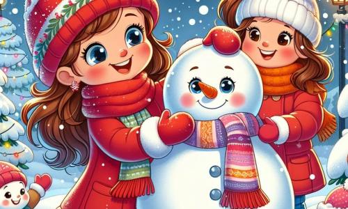 Una niña de 7 años, Clara, con largos cabellos castaños y mejillas rosadas, sonríe alegremente sosteniendo una gran bola de nieve en sus manos. Lleva un abrigo rojo brillante, un gorro de lana y guantes a juego, rodeada de emoción y felicidad. A su lado, su mamá, una mujer de unos 35 años con el cabello castaño recogido en un moño y una sonrisa cálida, la observa con orgullo mientras sostiene una bufanda colorida, animándola a construir un gran muñeco de nieve. El escenario es un jardín nevado, con árboles cubiertos de nieve brillante, copos cayendo suavemente del cielo y luces navideñas brillando en las ventanas de las casas cercanas. La escena muestra a Clara y su mamá creando un muñeco de nieve con accesorios divertidos como una zanahoria para la nariz y piedras para los ojos, mientras risas de niños resuenan a su alrededor, capturando la magia del invierno y la alegría de los momentos compartidos.